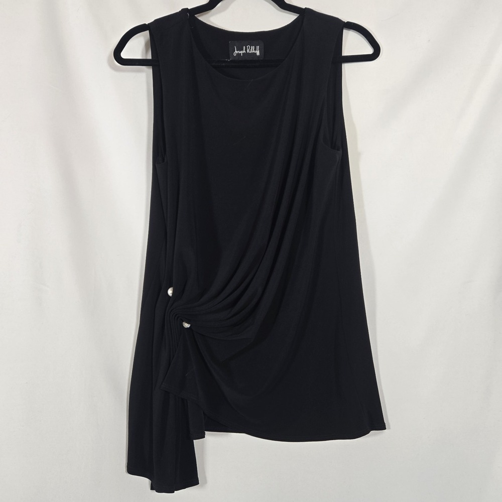 Joseph Ribkoff 812156 Top Size 10 Black Asymmetric Draped Pearl Rhinestone Tunic
